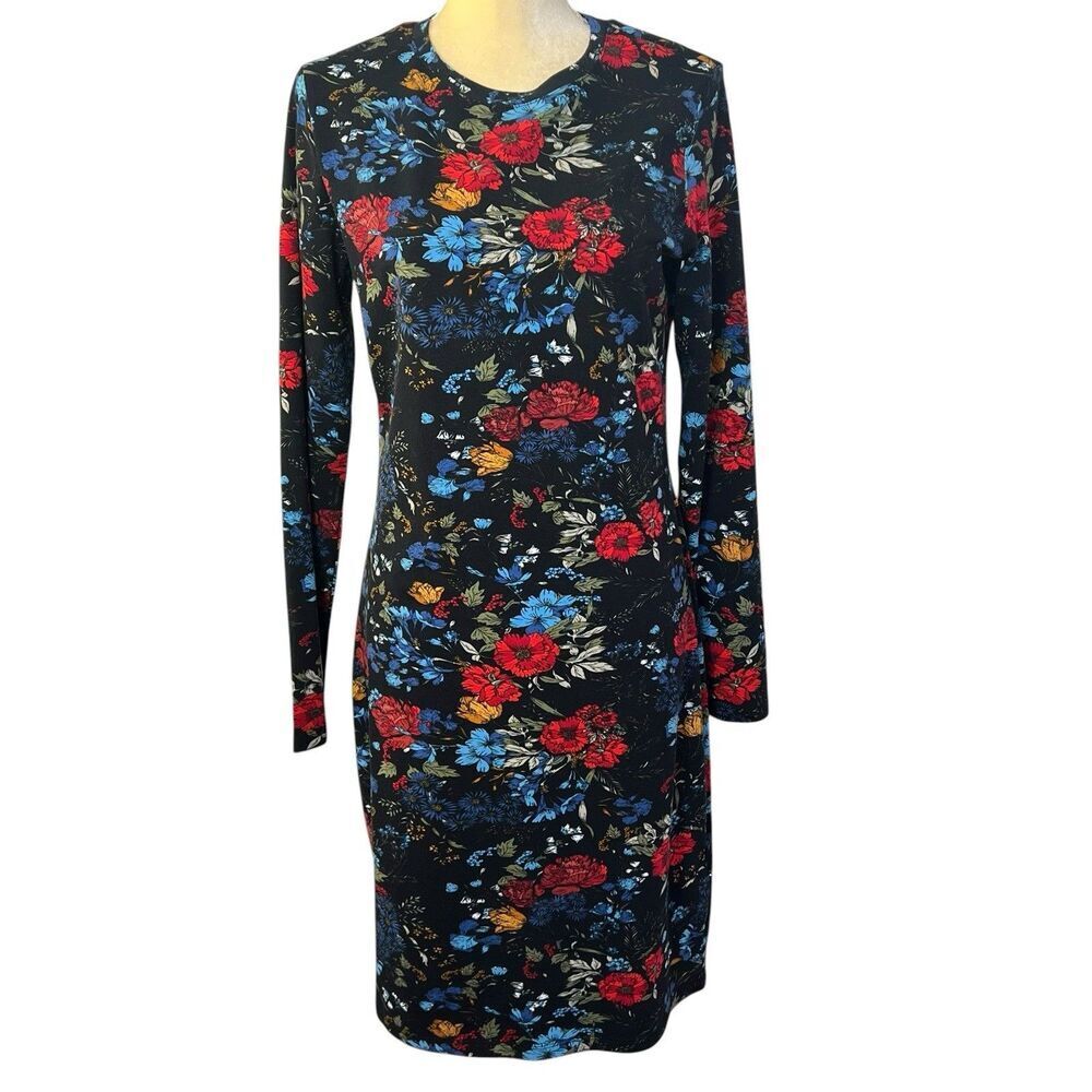 H&M Women's Long Sleeve Floral Print Bodycon Dress Black Multi Floral Large